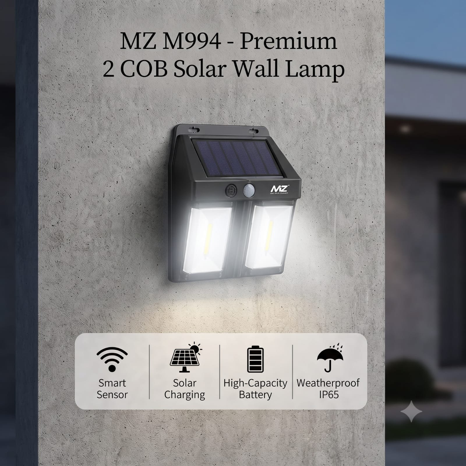 MZ M994 - Premium 2 COB Solar Wall Lamp with Motion Sensor & Weatherproof IP65 Design