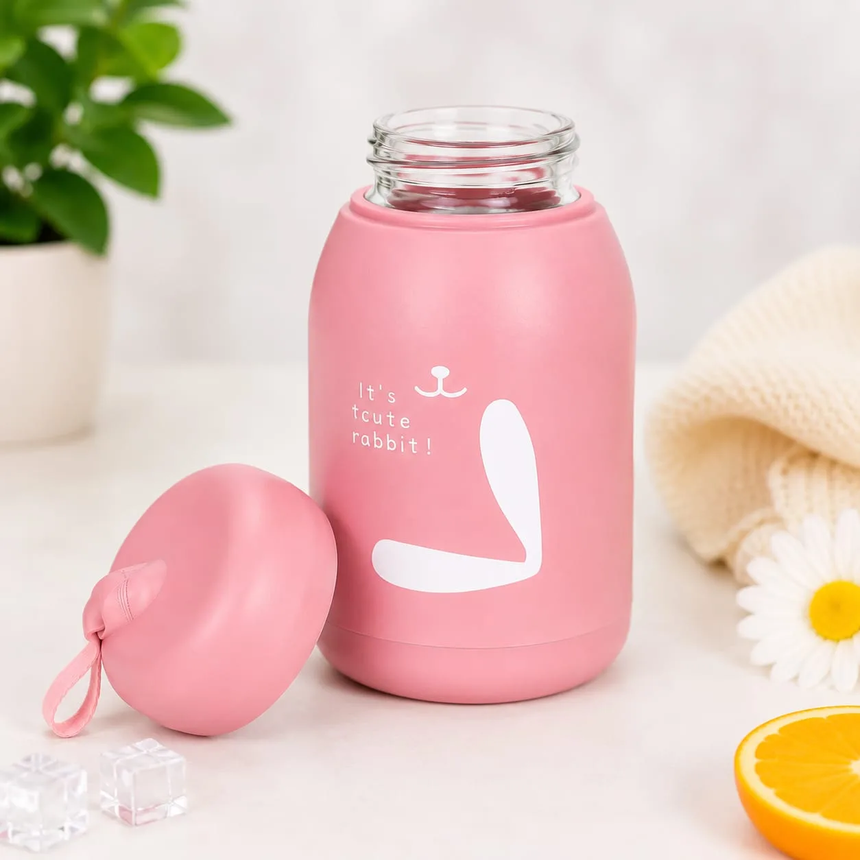Cute Rabbit Printed Food-Grade Glass Water Bottle with Silicone Cover (300ML)