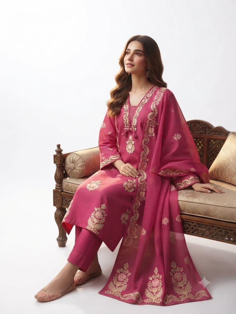 Embroidered Silk Blend Straight Kurta, Trouser, and Dupatta Suit Set.