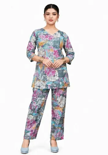 Women’s Floral Printed V-Neck Kurta Pant Set