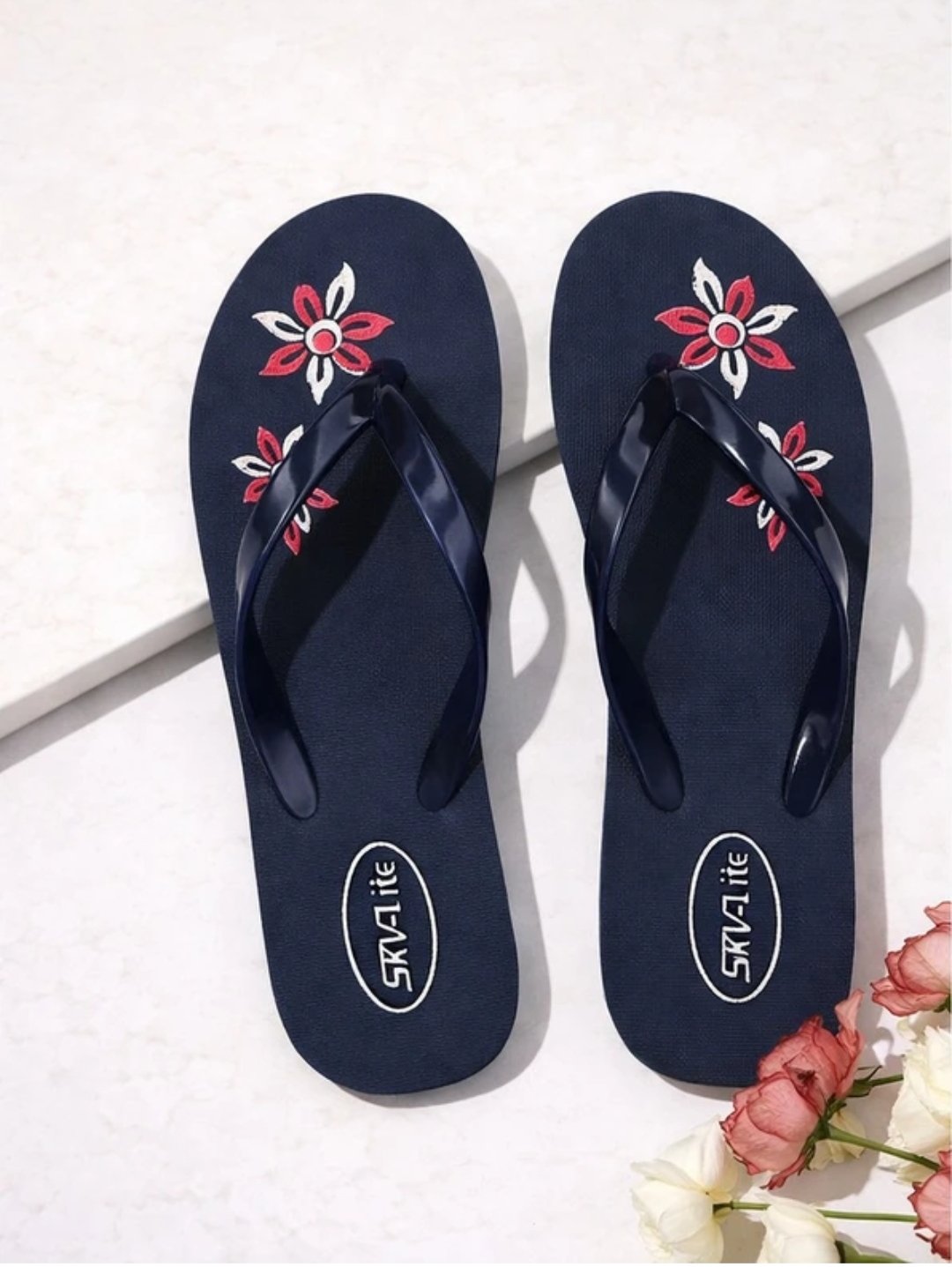 Women’s Navy Blue Floral Printed Flip-Flop Slippers