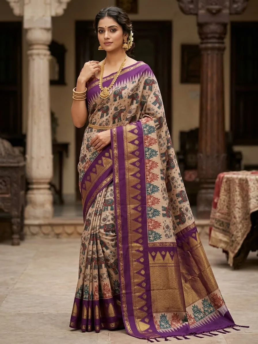 Elegant Beige Elephant Motif Handloom Silk Saree with Royal Purple Zari Border