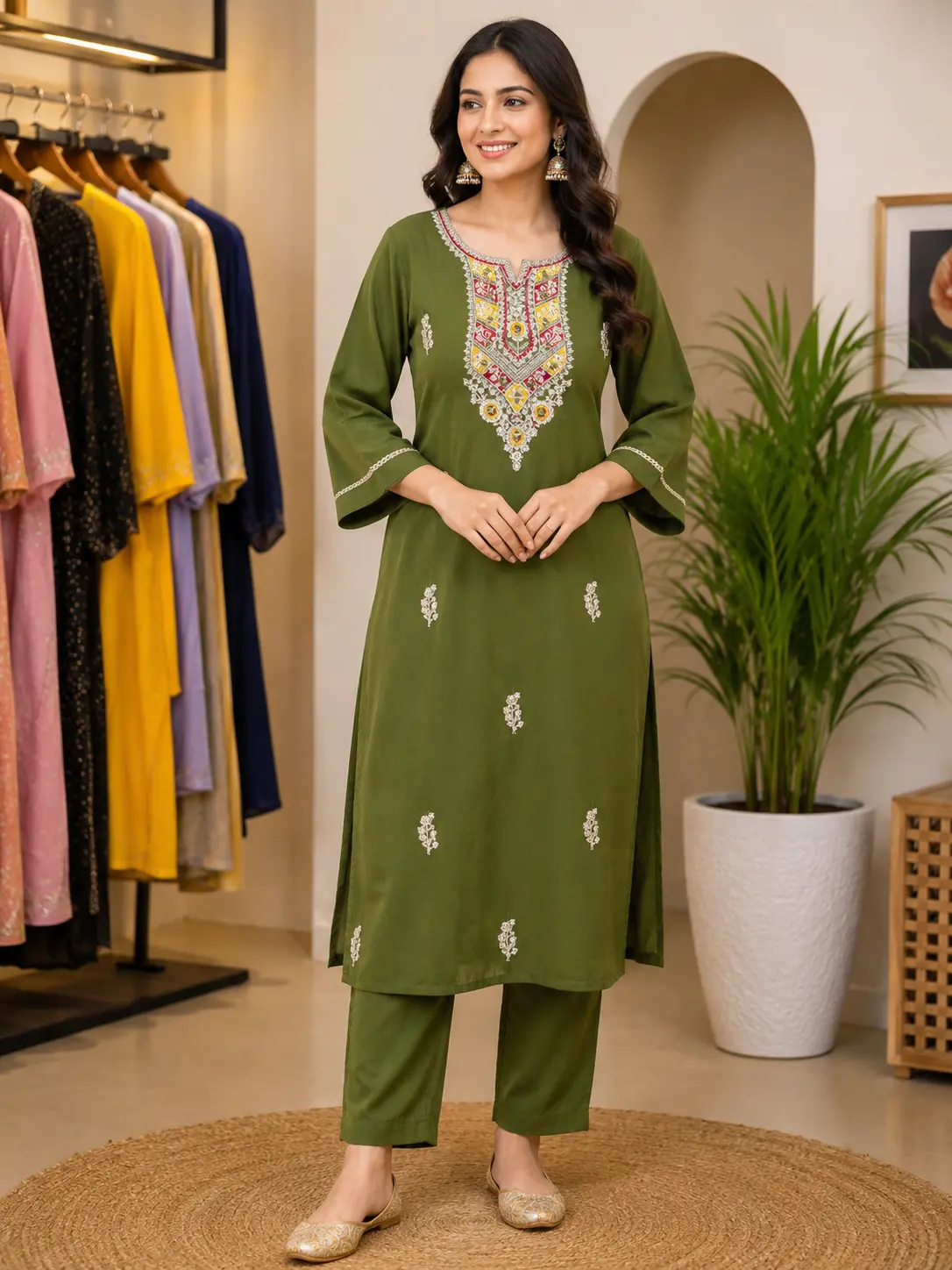 Women’s Olive Green Embroidered Kurta Set with Matching Pants