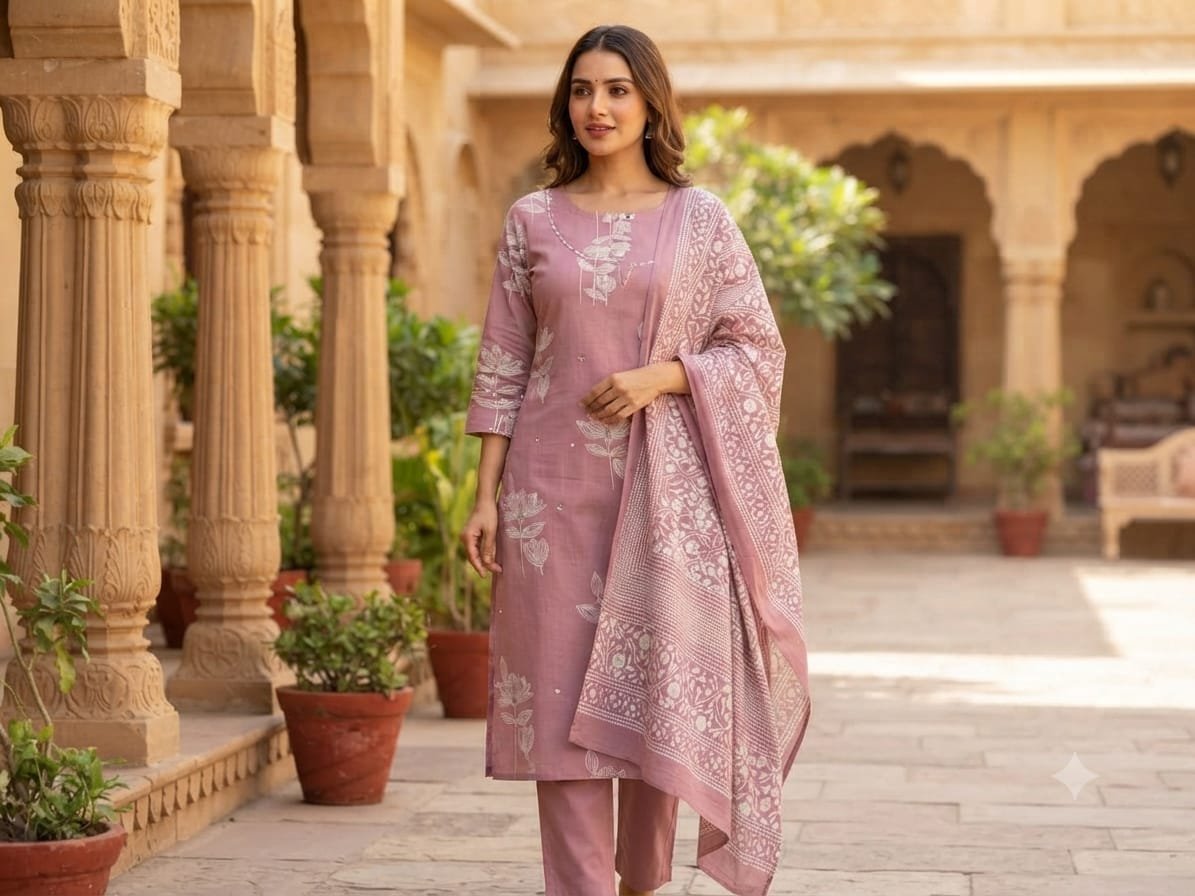 Women's Dusty Mauve Cotton Blend Printed Kurta Pant Set with Dupatta.