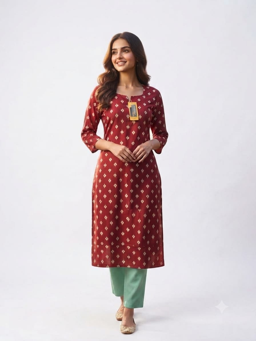 Women's Maroon Printed Straight Kurta with Mint Green Pants Set
