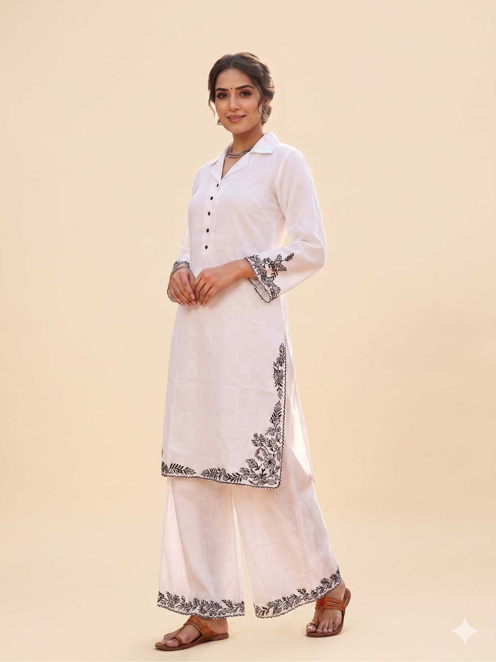 Women’s White Embroidered Shirt-Style Kurta with Palazzo Set