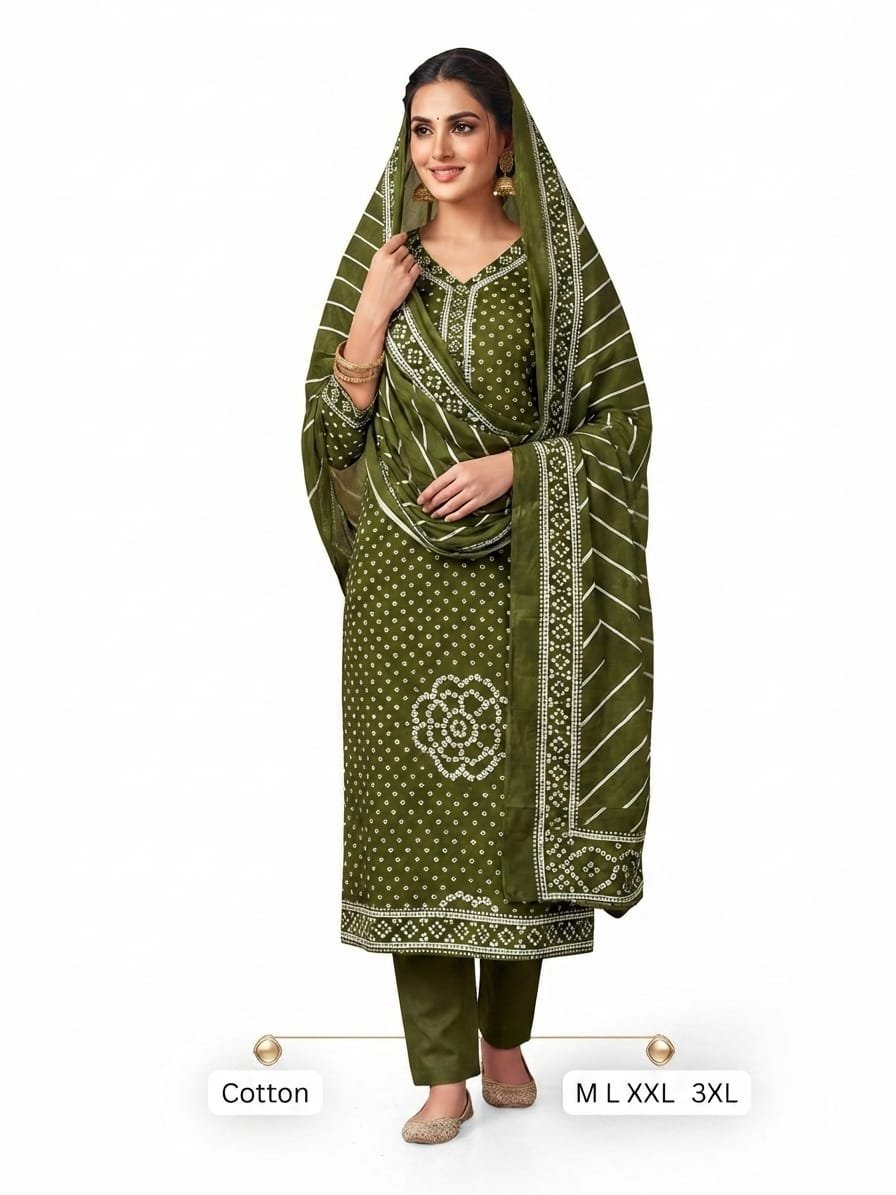 Women's Cotton Bandhani Printed Kurta Pant Set with Leheriya Dupatta.