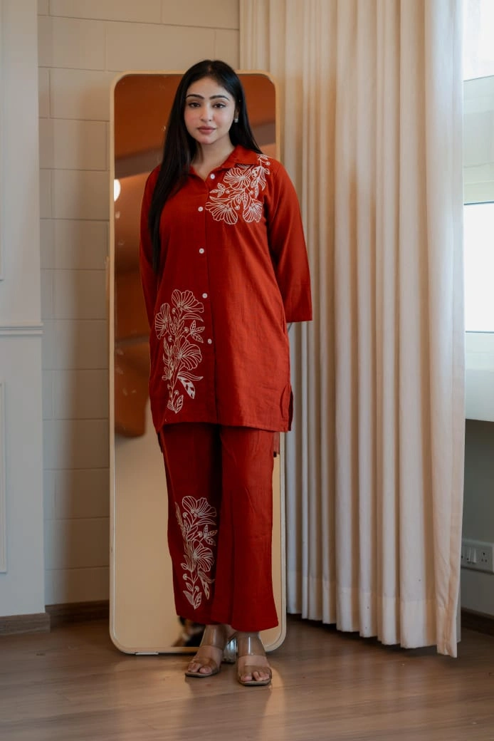 Women's Rust Floral Printed Cotton Co-Ord Set