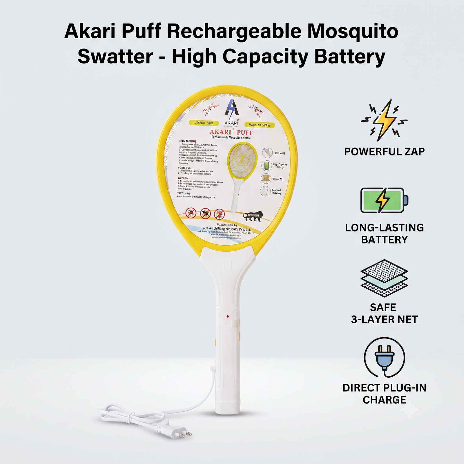 Akari Puff Rechargeable Mosquito Swatter & Killer Bat (Yellow & White) - High Capacity Battery with Built-in Charging Wire
