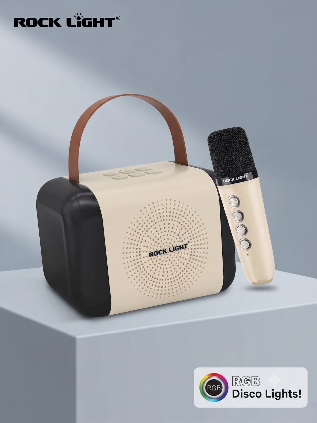 ROCK LIGHT S-183 Premium Portable Wireless Karaoke Speaker System with RGB Disco Lights, Bluetooth, USB, AUX, and Type-C Charging - Includes 1 Wireless Microphone (Beige)