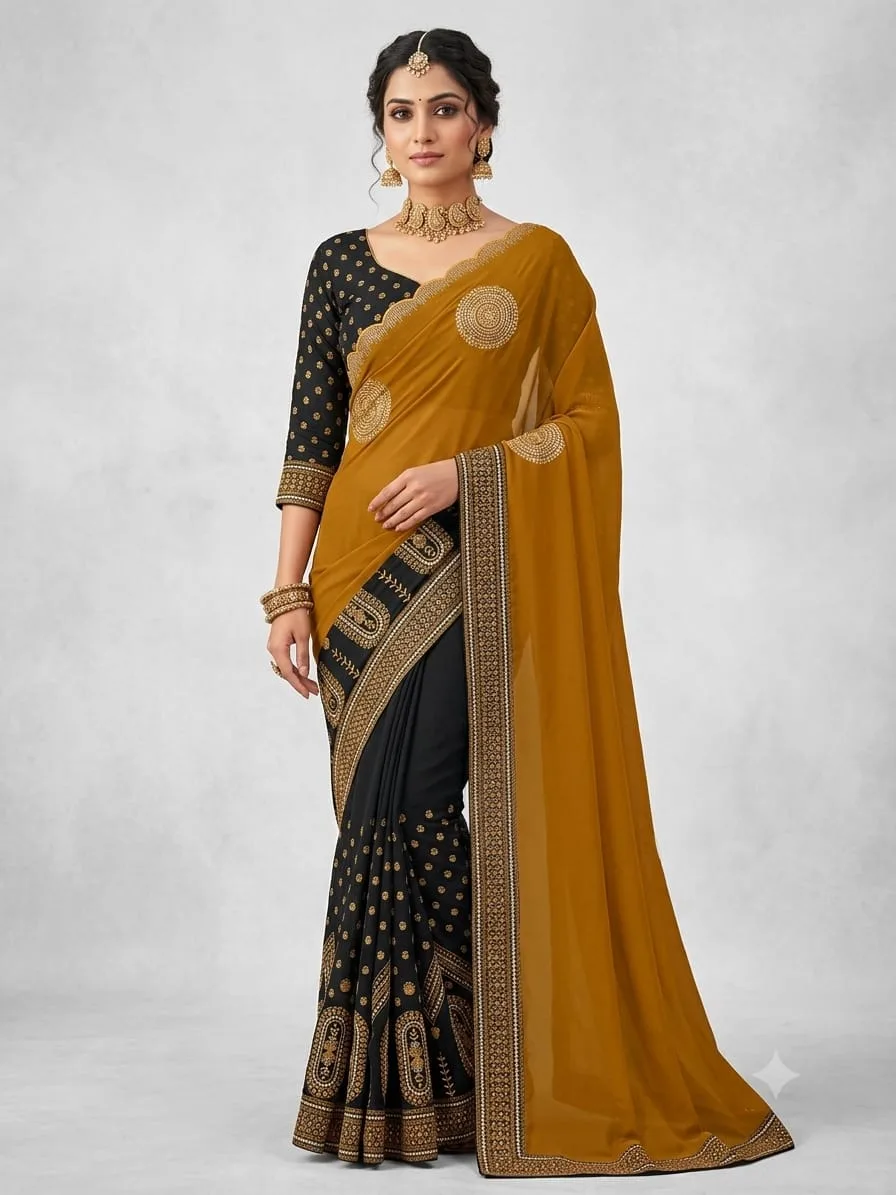 Mustard Yellow & Black Designer Chiffon Embroidered Saree