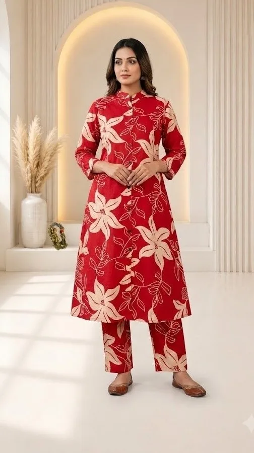 Women's Red Floral Printed Cotton Blend Kurti with Pant