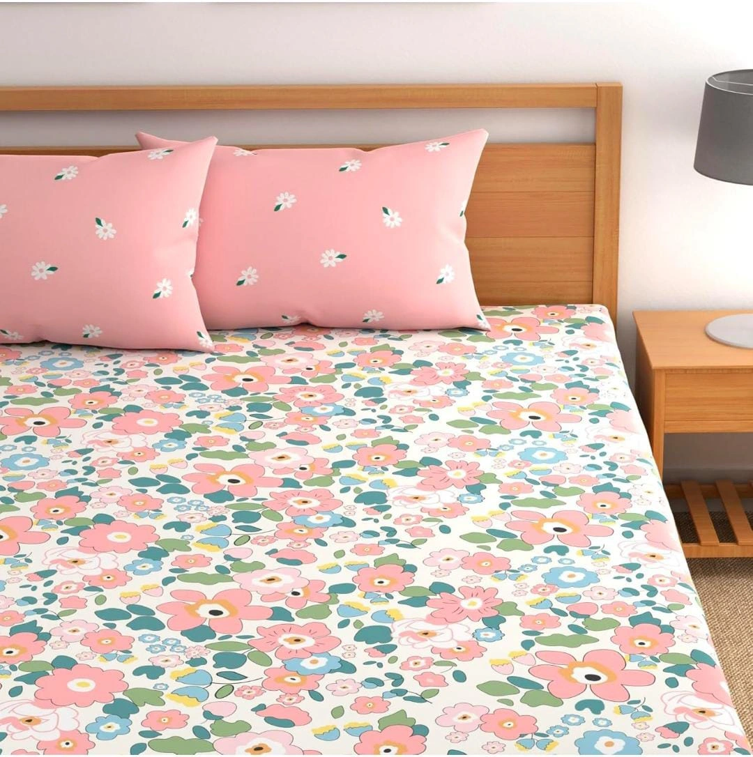 Premium Floral Elastic Fitted Bedsheet with 2 Pillow Covers (72 × 78 Inches)