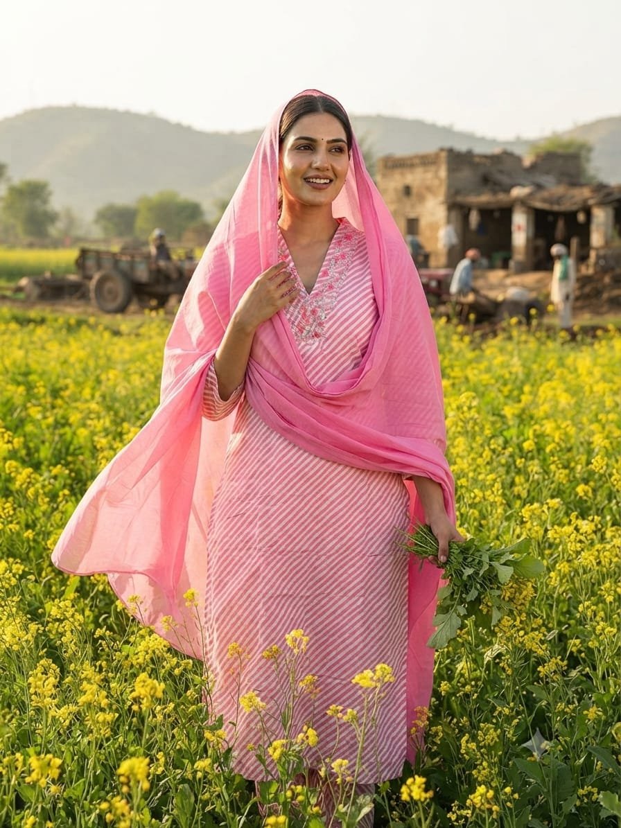 pink and white striped leheriya kurta set