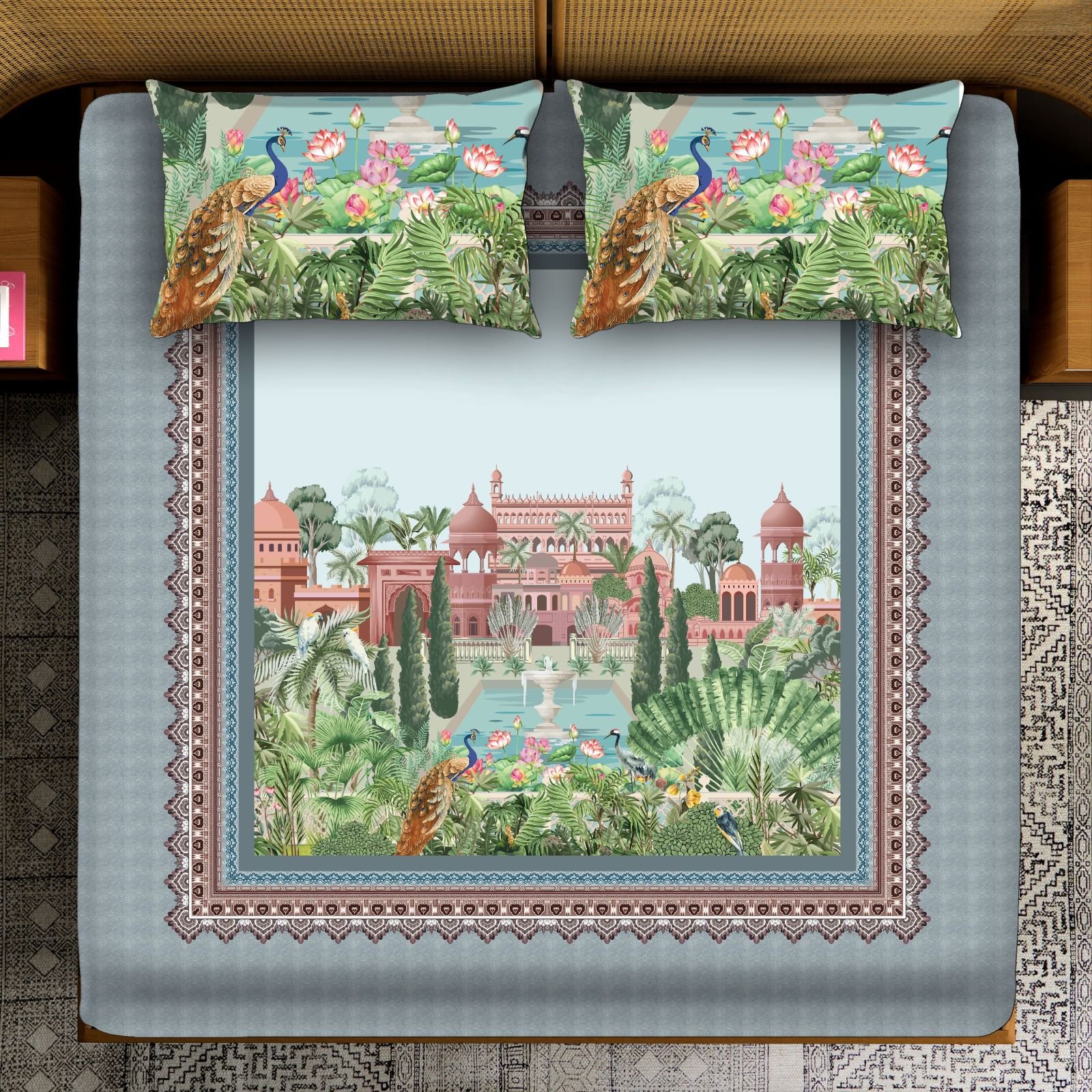Royal Palace Peacock Garden Printed Bedsheet with 2 Pillow Covers Category