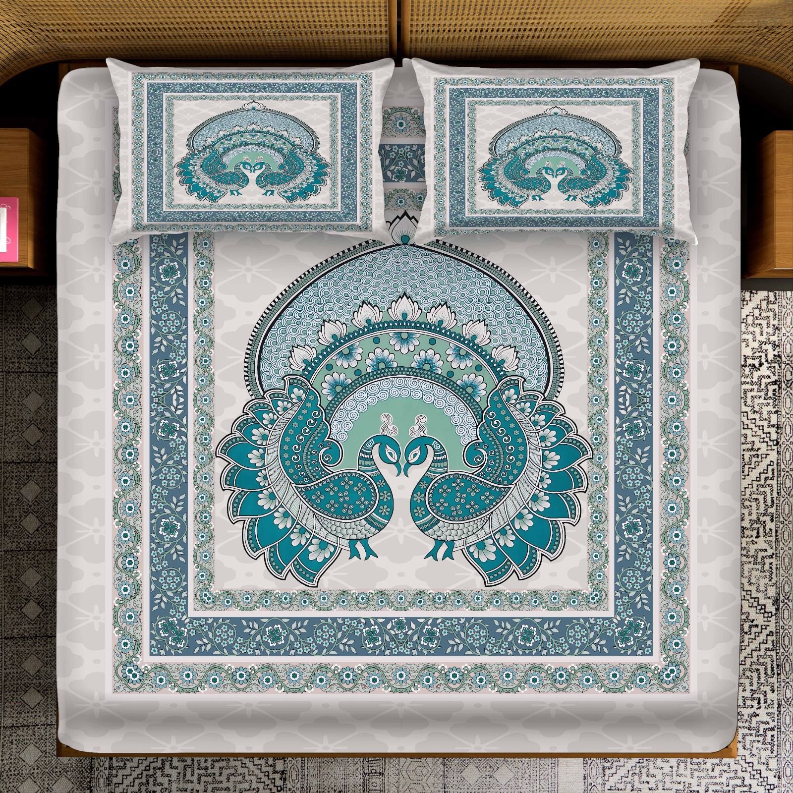 Peacock Printed Double Bedsheet with 2 Pillow Covers – Teal & White