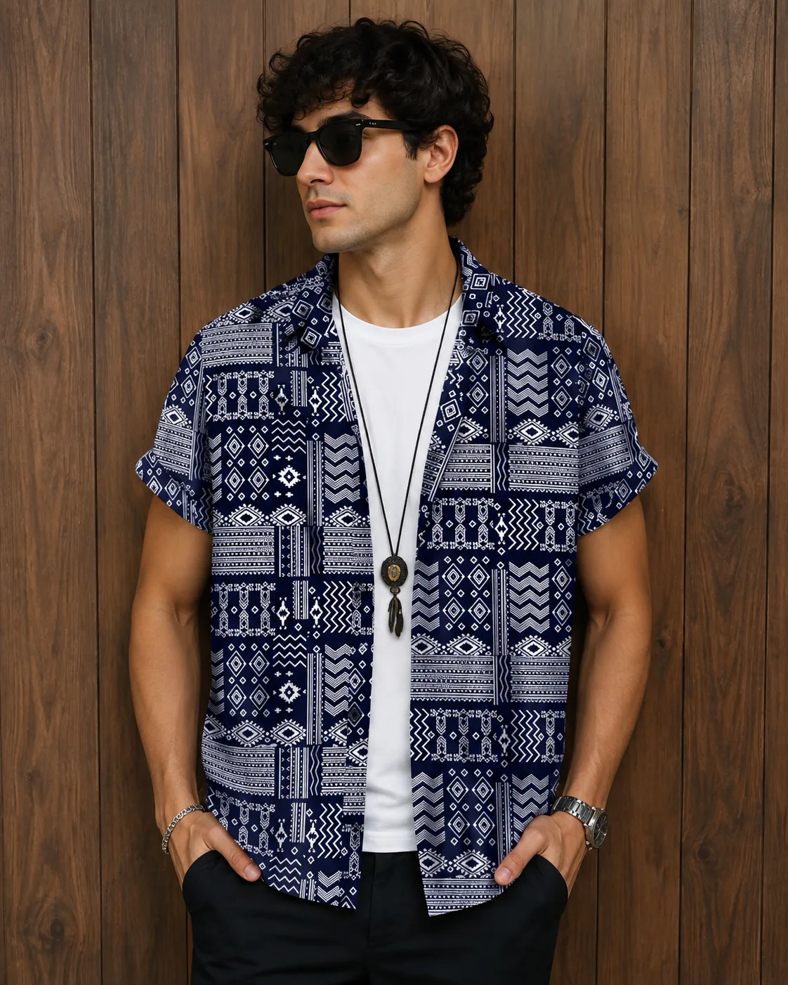 Men’s Navy Blue Geometric Printed Casual Shirt