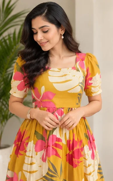 Women’s Mustard Yellow Floral Printed Fit & Flare Midi Dress