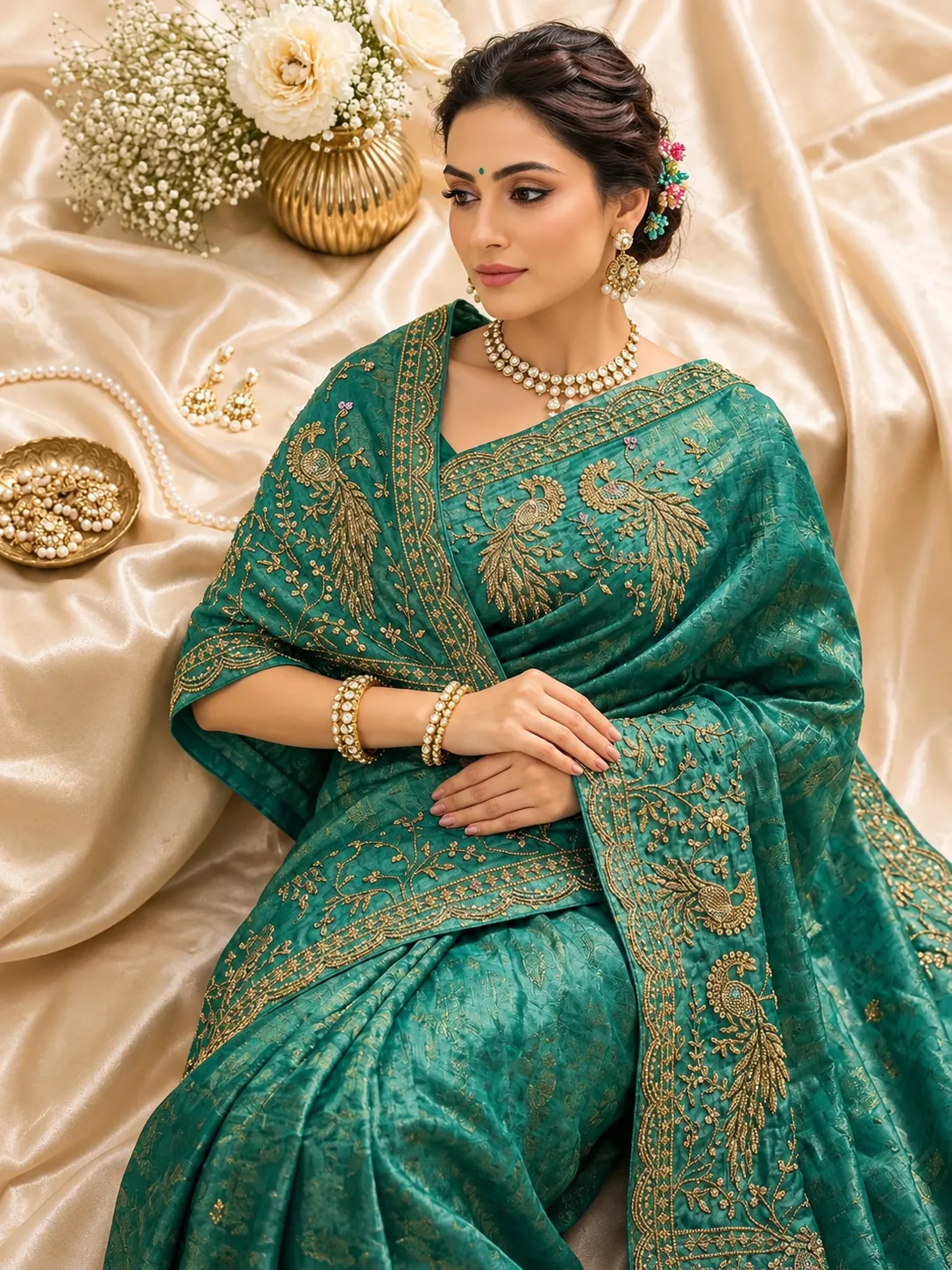 sea green / teal color fabric traditional Indian saree.