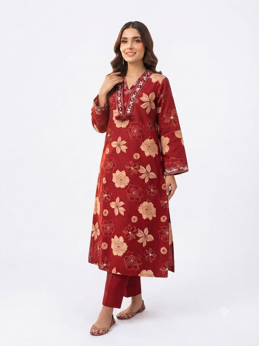 Women's Maroon Floral Printed Straight Kurta with Pants Set.