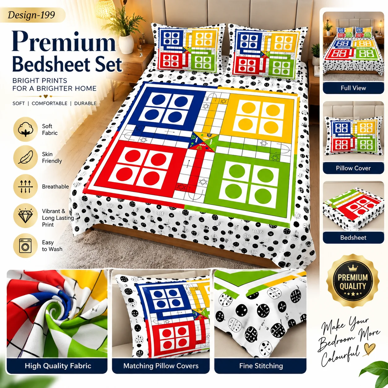 Ludo Game Printed Bedsheet with 2 Pillow Covers