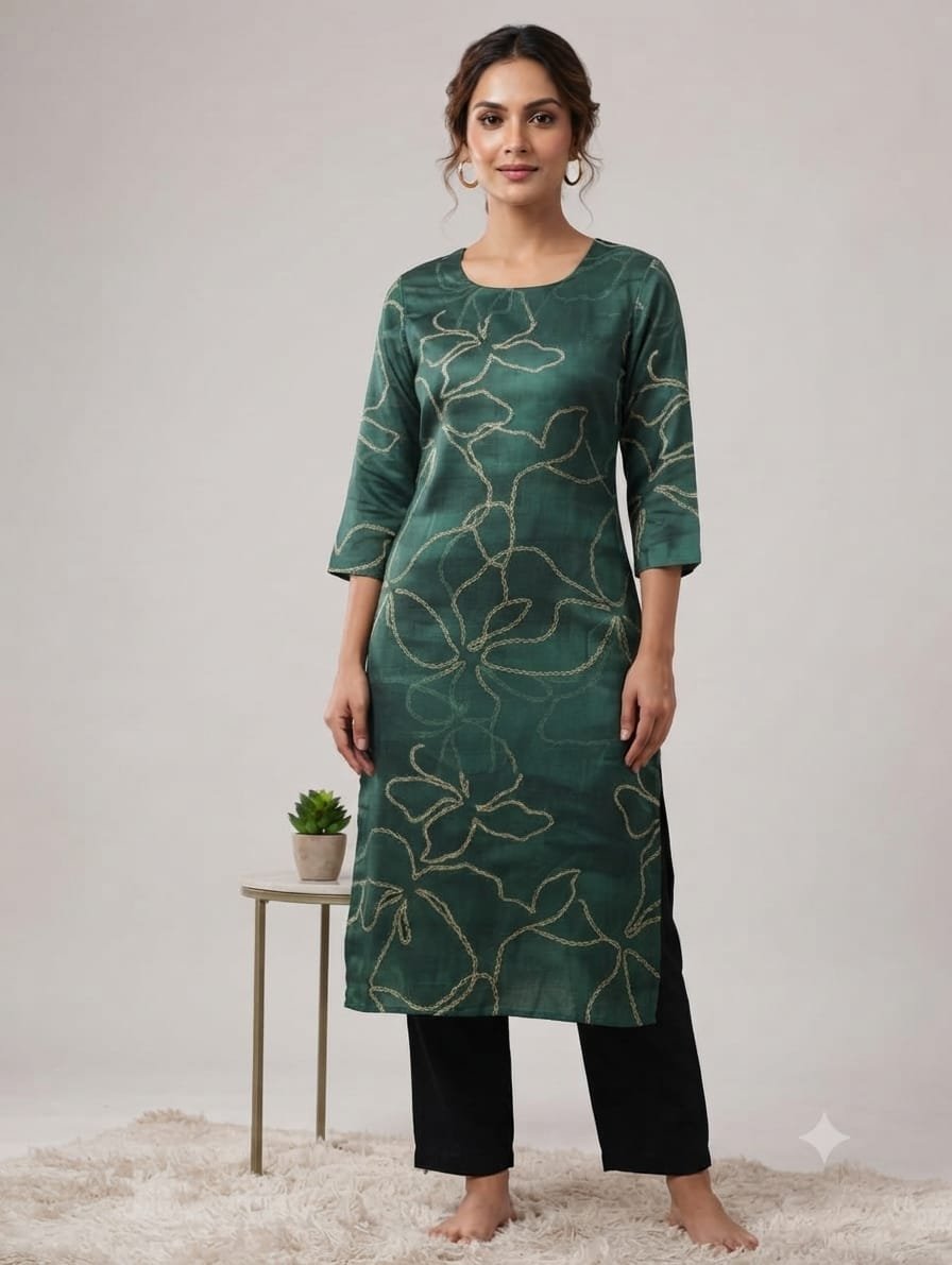Women's Dark Green Abstract Print Straight Kurta