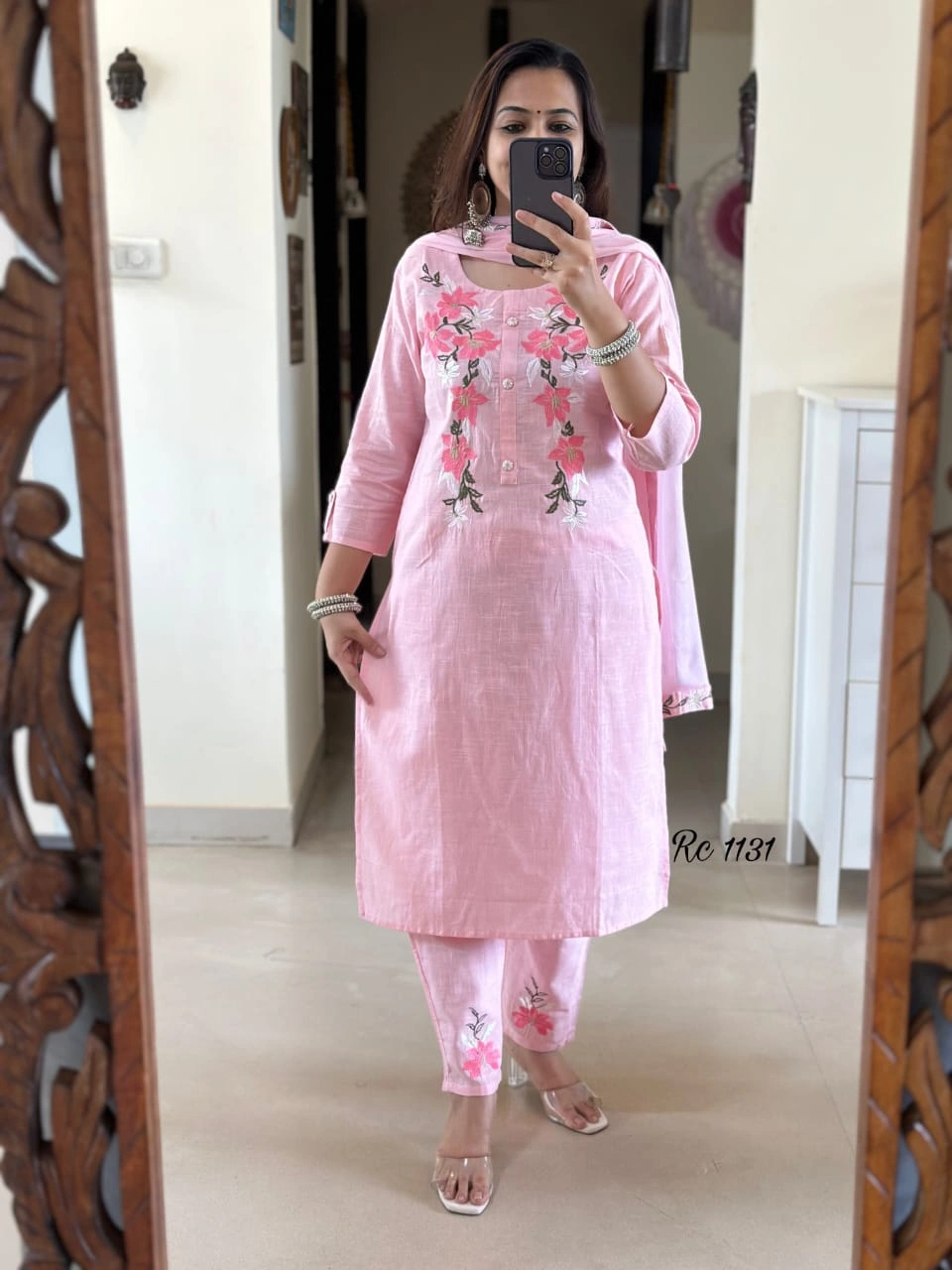 Women's Premium Cotton Slub Embroidered Kurti Pant Set with Nazmin Dupatta