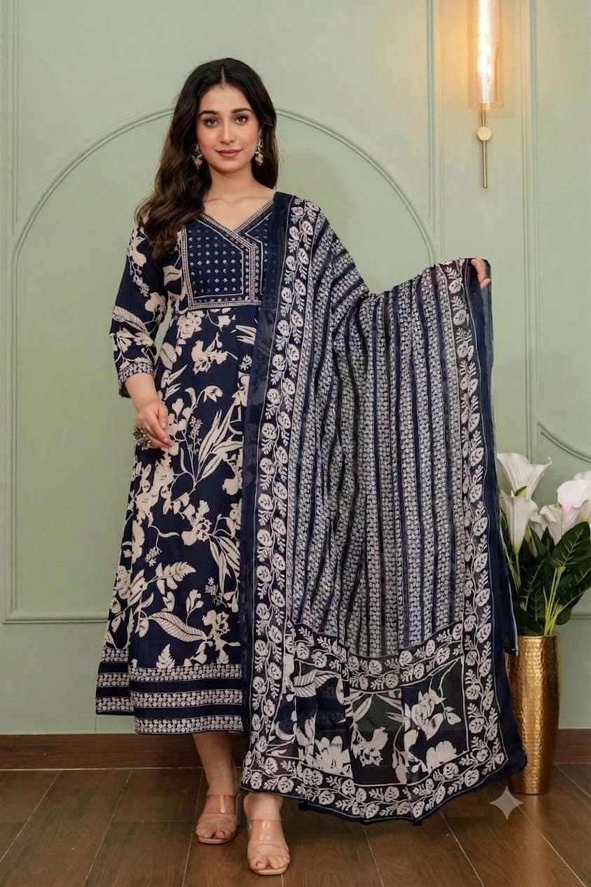 Women’s Floral Printed Anarkali Kurta Set with Printed Dupatta