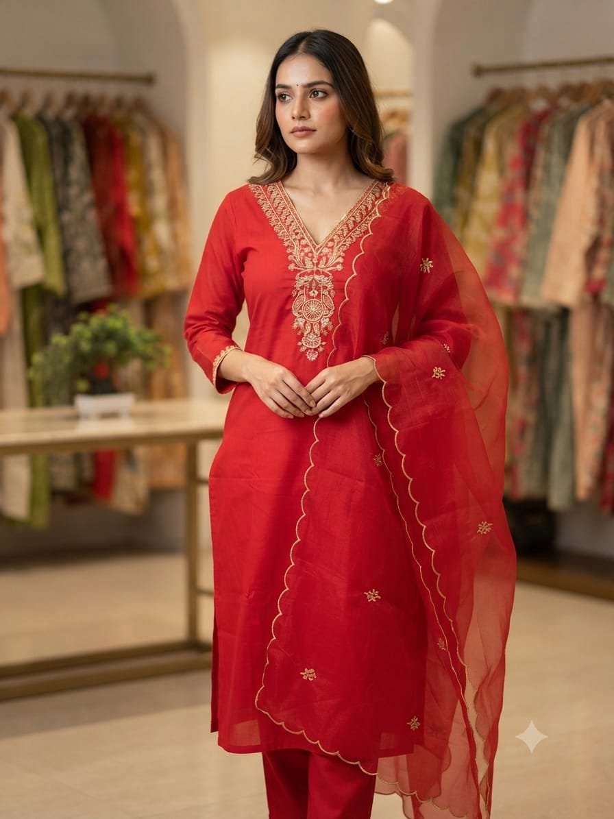 Red Embroidered Straight Kurta, Pant, and Dupatta Set