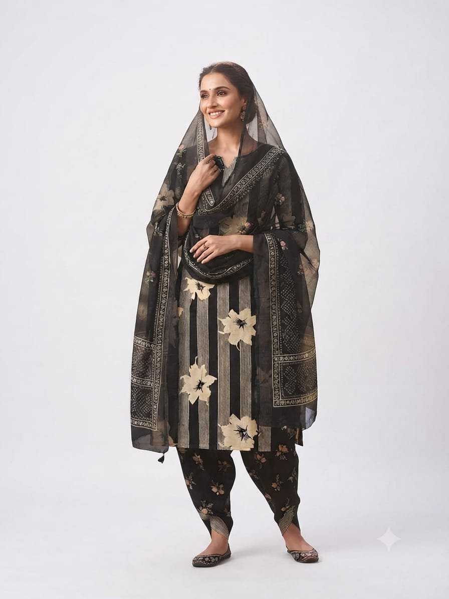 Midnight Bloom Floral Printed Cotton Blend Unstitched Salwar Suit with Dupatta