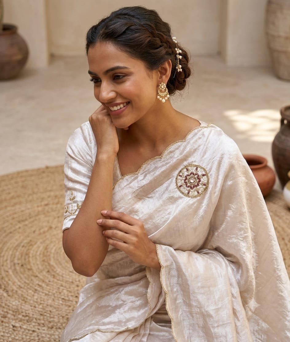 An Ivory Crushed Silk or Tissue Saree gold border