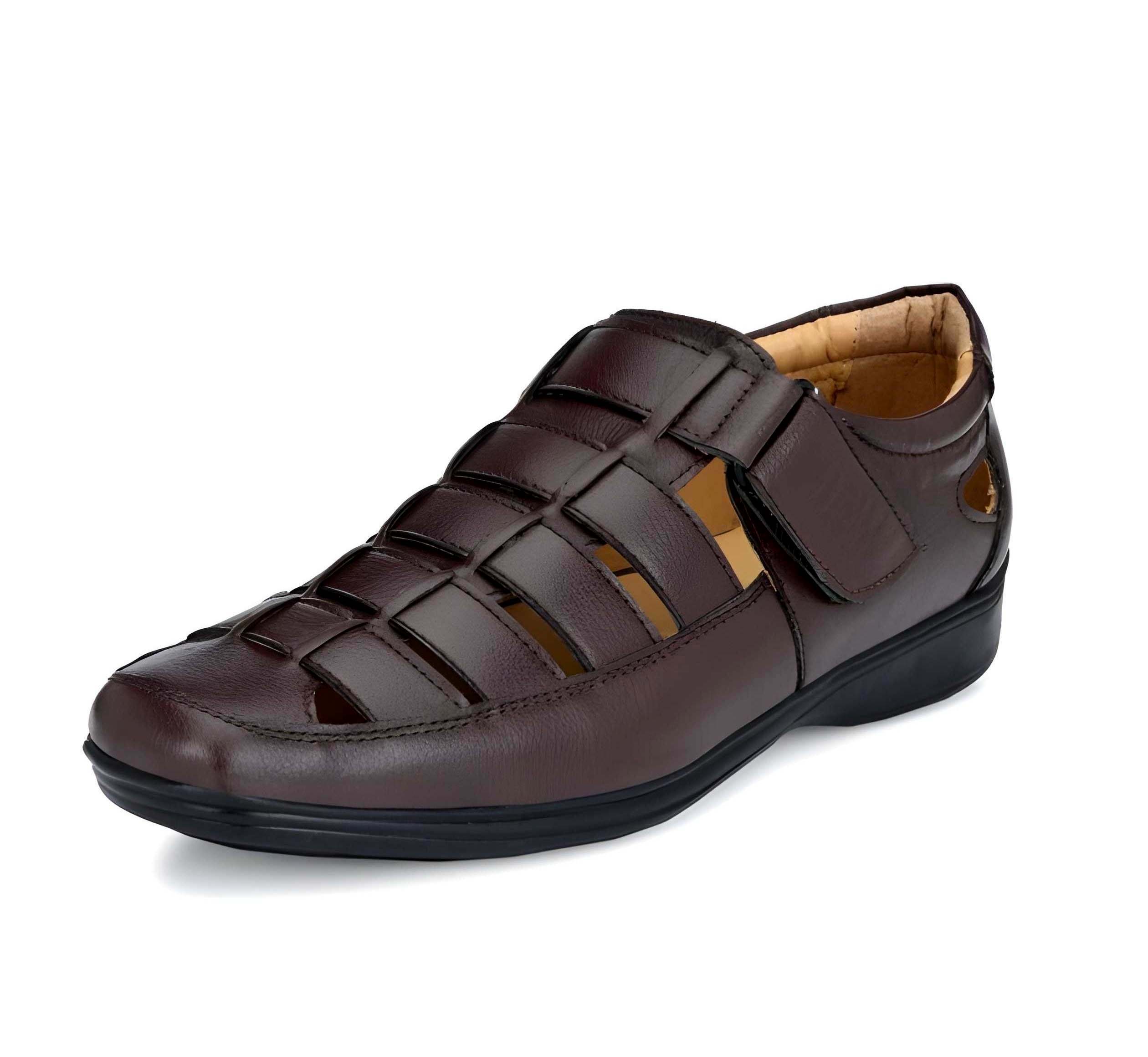 WUGO Men's Stylish Brown Roman Sandals | Premium Faux Leather Velcro Sandals | Comfortable Outdoor & Casual Walking Footwear | Durable Airmix Sole