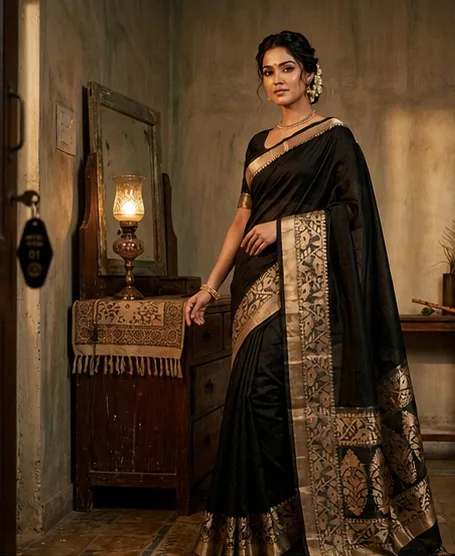 Black Floral Jacquard Saree with Designer Woven Border & Unstitched Blouse