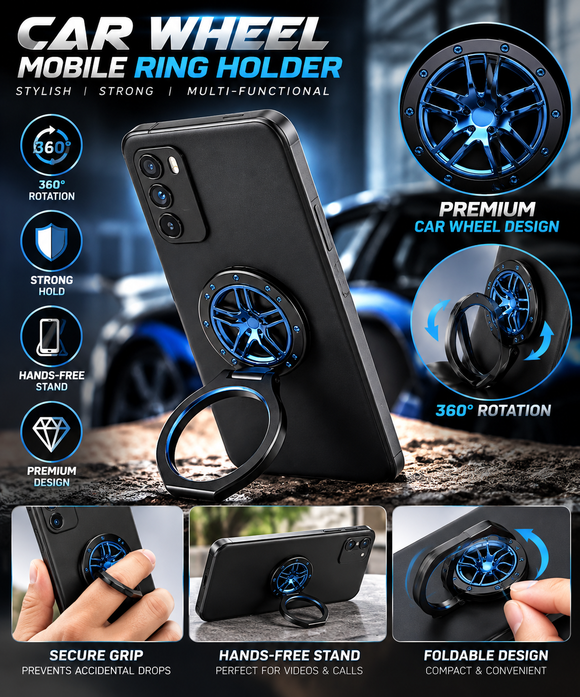 Universal Car Wheel Design Mobile Phone Ring Holder & Stand