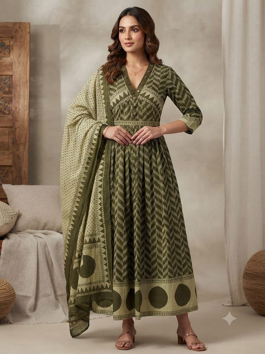 Olive Green Printed Cotton Anarkali Suit Set with Dupatta.
