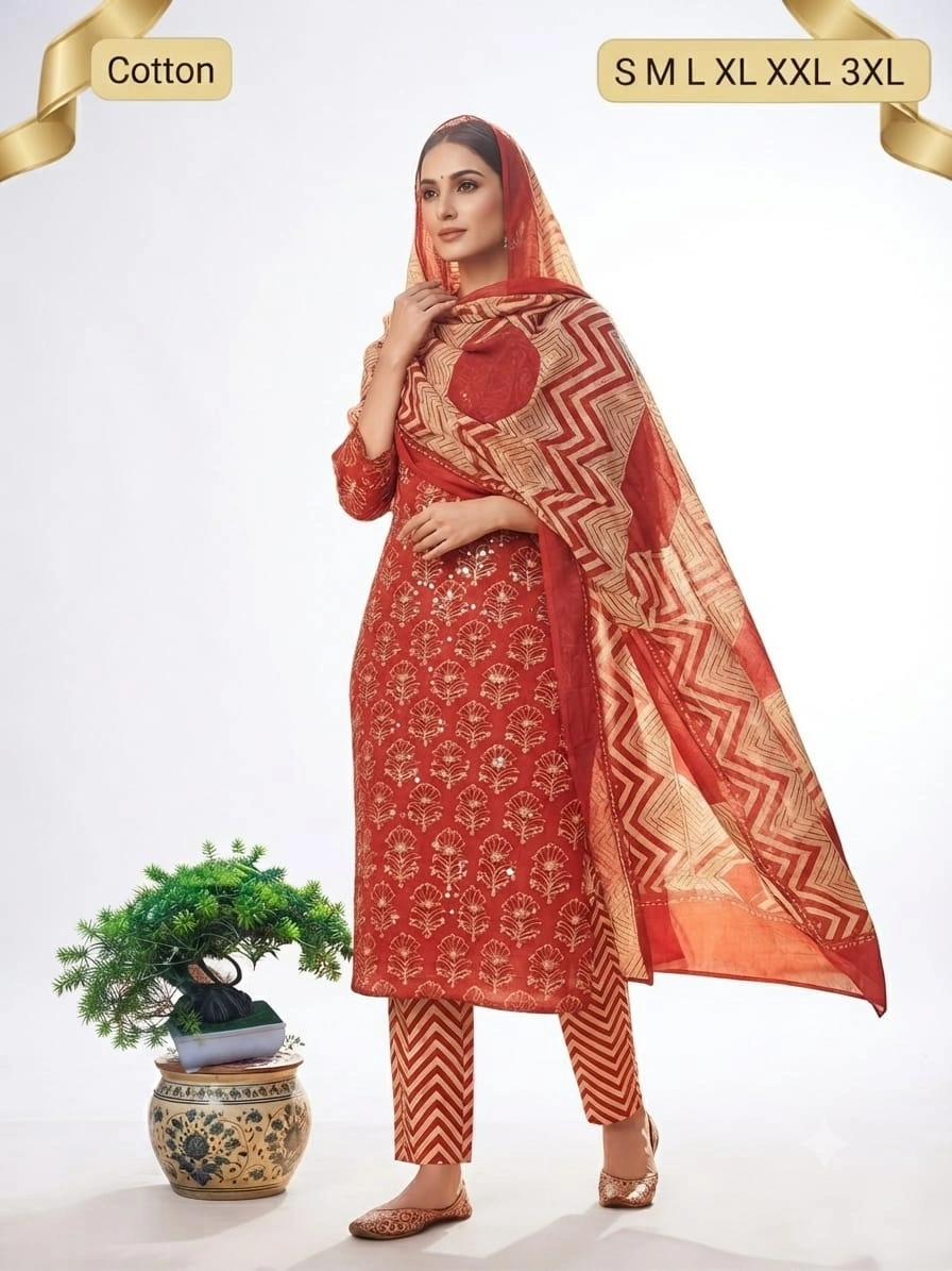 Women's Red Printed Cotton Kurta Pant Set with Dupatta