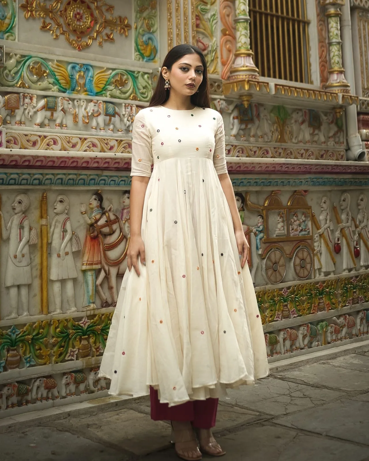 Women's Pure Cotton Mirror Embroidered Anarkali Suit Set