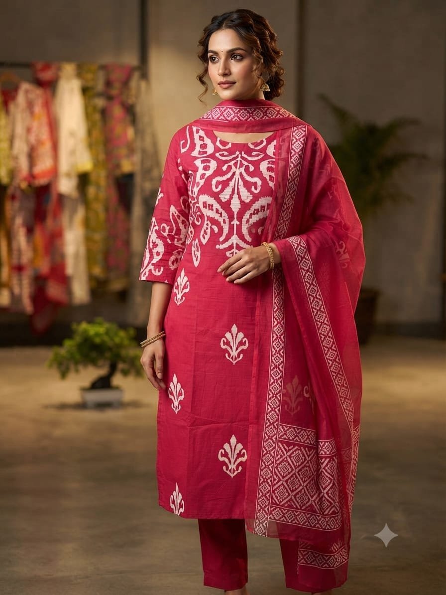 Women's Pink & White Printed Cotton Kurta Pant Dupatta Set
