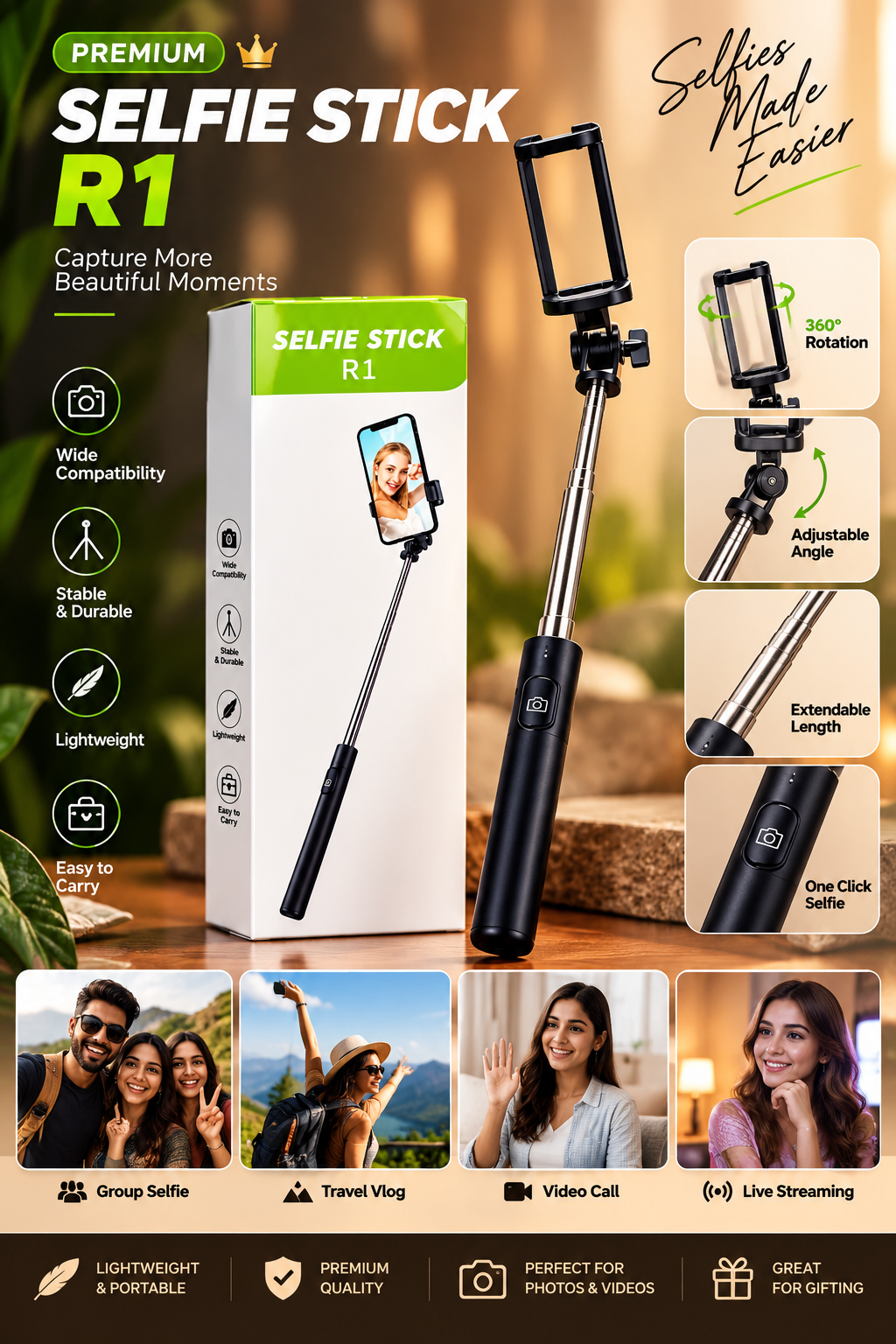 R1 Selfie Stick with Adjustable Phone Holder & One-Click Shutter