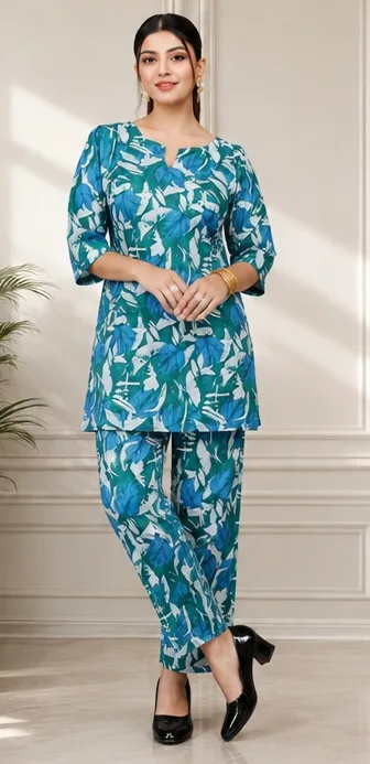 Women Blue Printed Kurta Pant Set