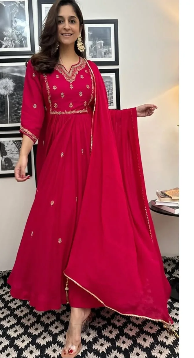 Women's Premium Rayon Embroidered Anarkali Kurta Set with Pant & Nazmin Dupatta
