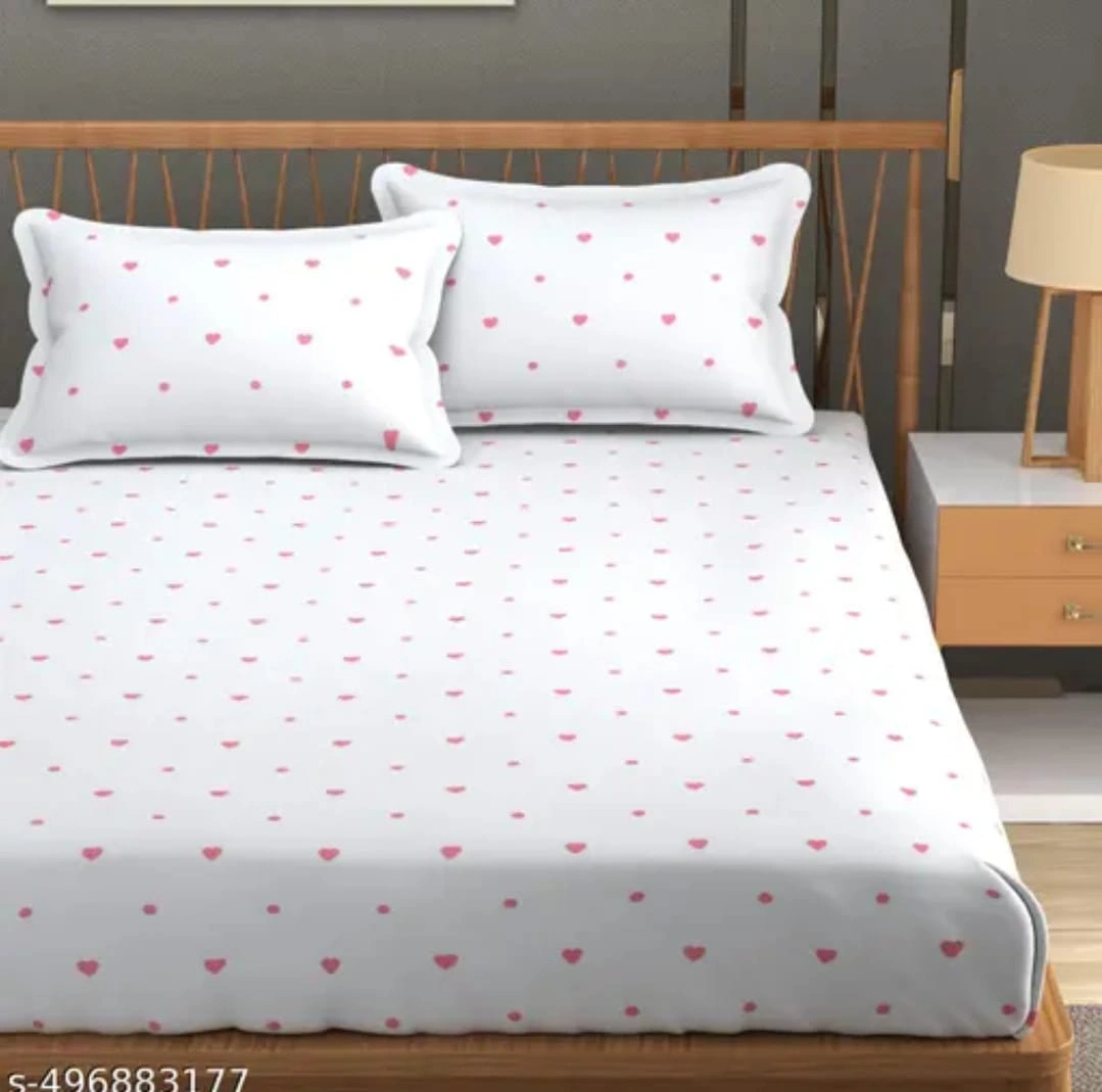 Heart Print Elastic Fitted Bedsheet with 2 Pillow Covers – White & Pink (72 × 78 Inches)