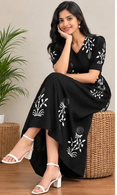 Women’s Black Floral Embroidered Puff Sleeve Fit & Flare Midi Dress
