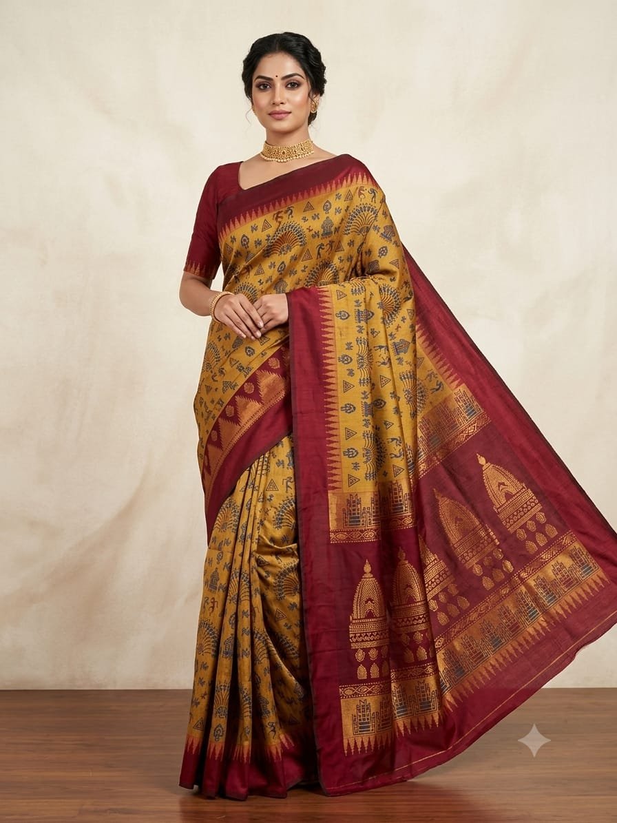 Mustard Printed Silk Blend Saree With Unstitched Blouse Piece