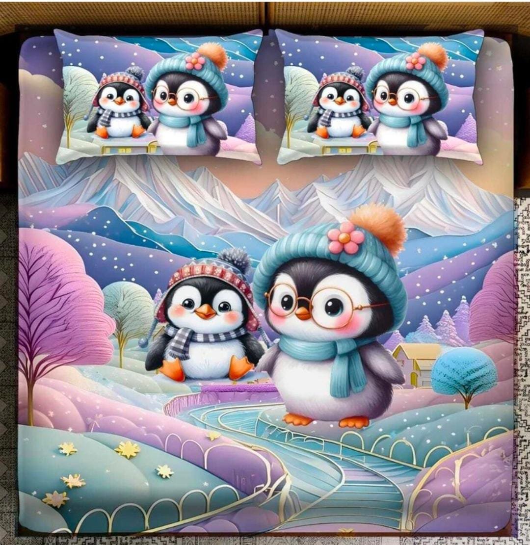 Cute Penguin Winter Wonderland 3-Piece Bedding Set – Cartoon Penguin & Snowy Mountain Printed Bedsheet with Pillow Covers
