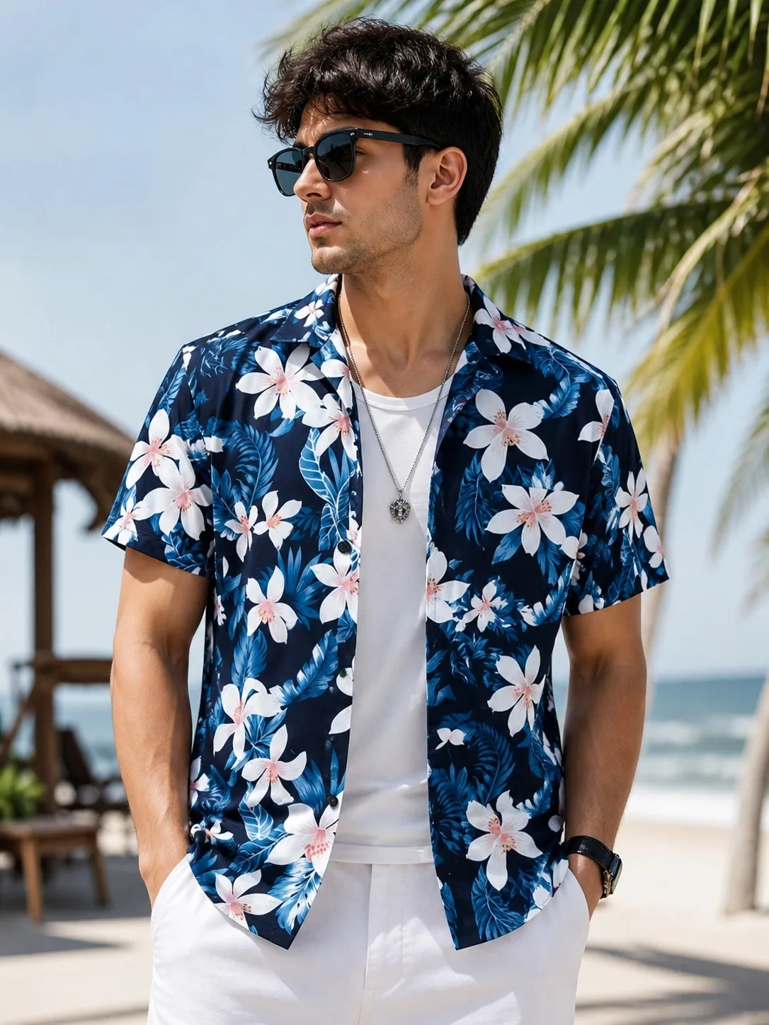 Men's Navy Blue Tropical Floral Print Open Front Shirt