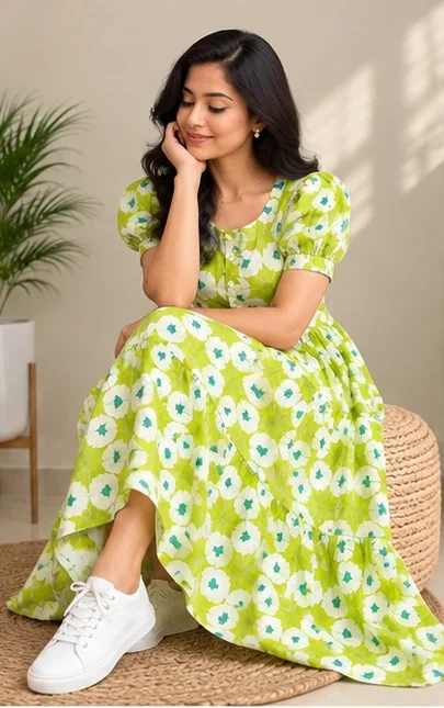 Women’s Green Floral Printed Cotton Tiered Midi Dress