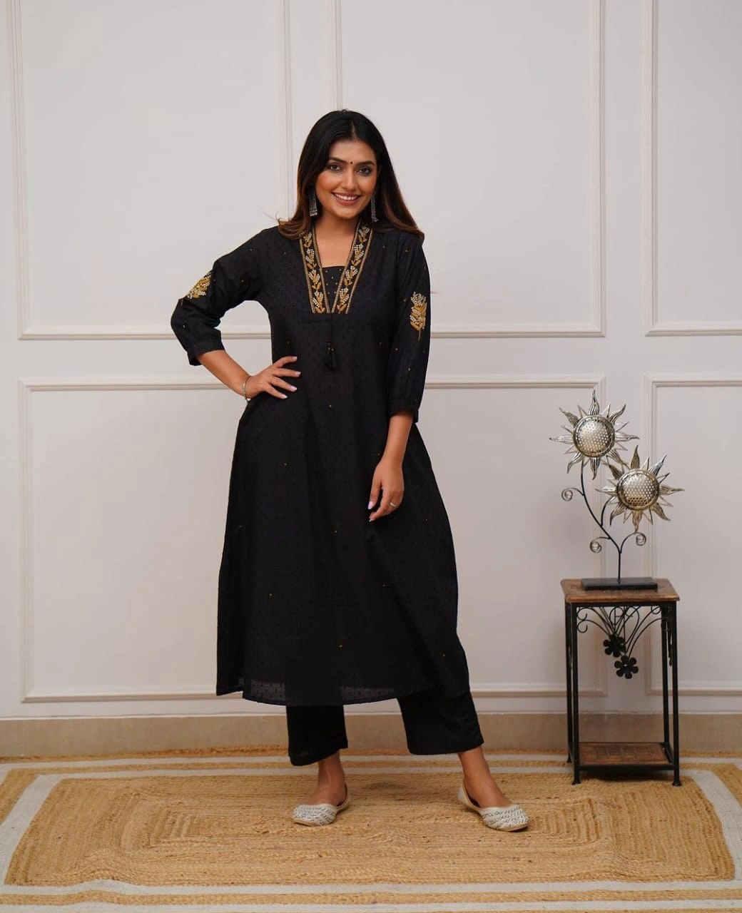 Black Printed & Embroidered Kurta Pant Set