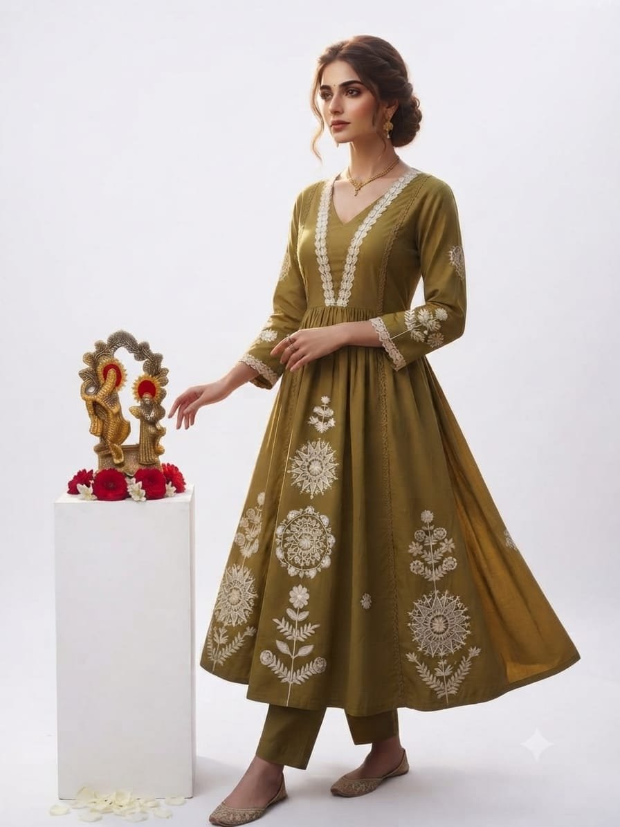 Olive Green Embroidered Anarkali Kurta Set for Women