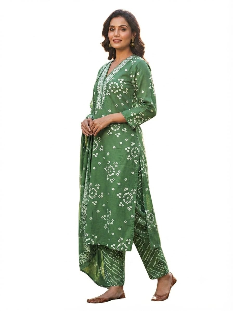Women's Green Bandhani Print Kurta with pant Set